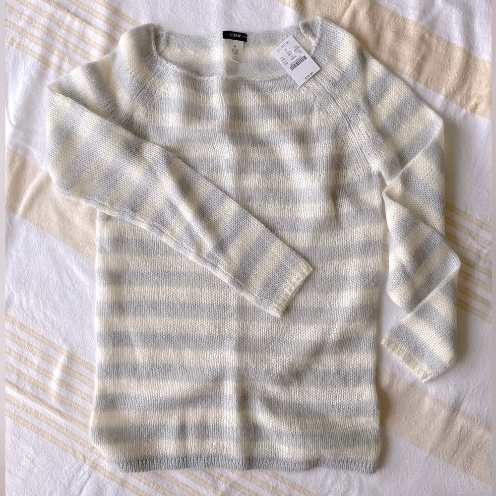 J.Crew NWT 🩶 Soft Cozy Mohair-Blend Loose-knit Sweater Grey/White Stripe SZ XS - Picture 2 of 16